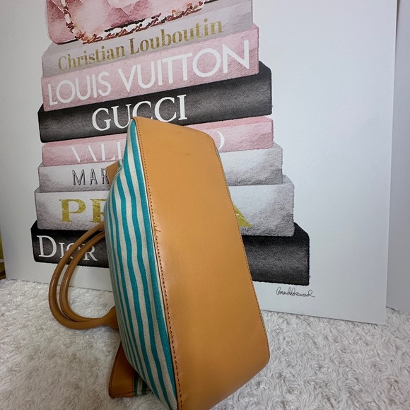Tory Sophia Canvas Burch Aqua and Tan Striped Tote - Picture 14 of 15